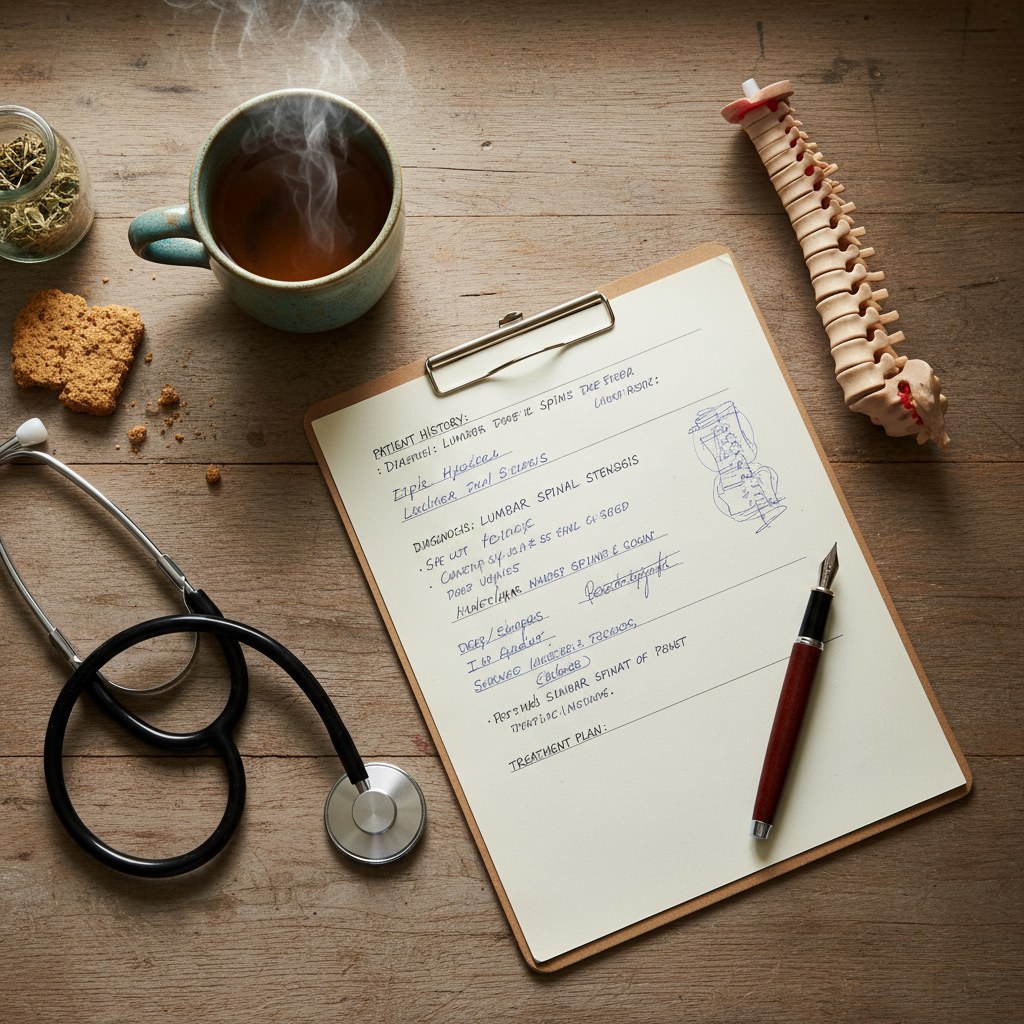Open patient chart, spine model, and tea on a Knoxville chiropractor's desk